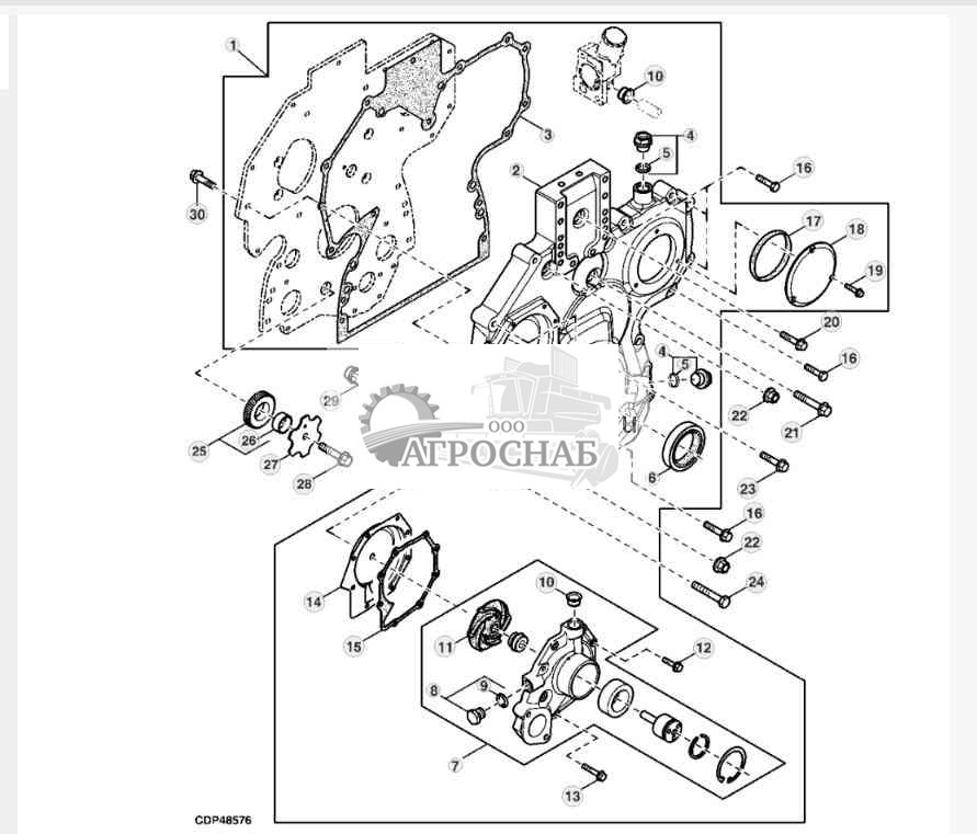 TIMING GEAR COVER, WATER PUMP, LOWER IDLE GEAR 